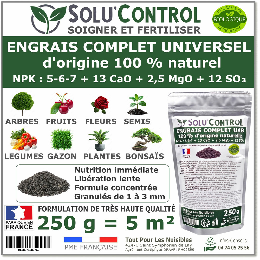 250 g d'engrais complet universel et équilibré - solucontrol - uab - utilisable en agriculture biologique