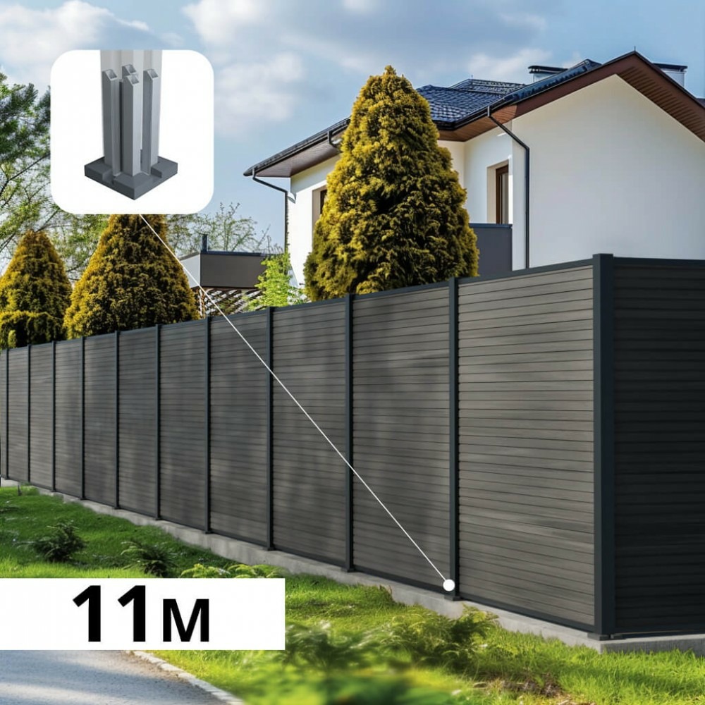 Kit clôture composite santos ardoise 11x1,8m - bois composite & aluminium - poteaux sur platines gris - brise vue - palissade