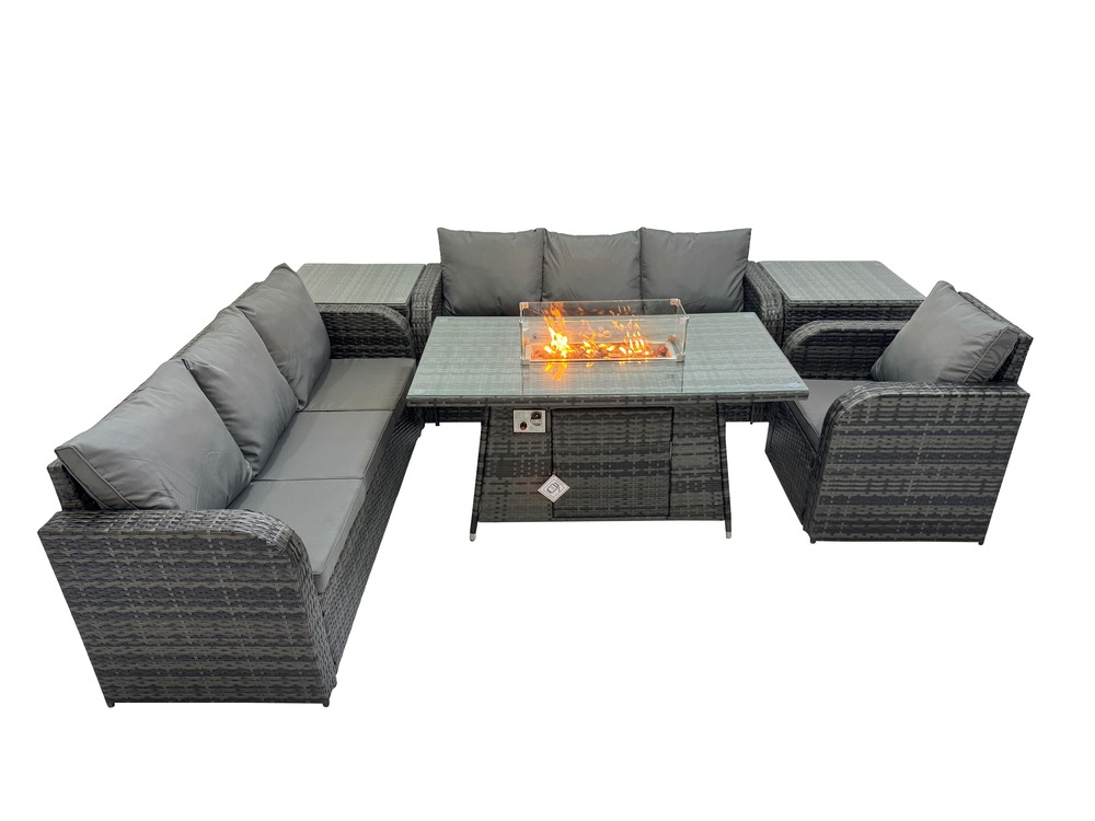 Ensemble repas de jardin exterieur table de foyer à gaz chaise inclinable canapé 3 places et avec 2 tables d'appoint 7 places