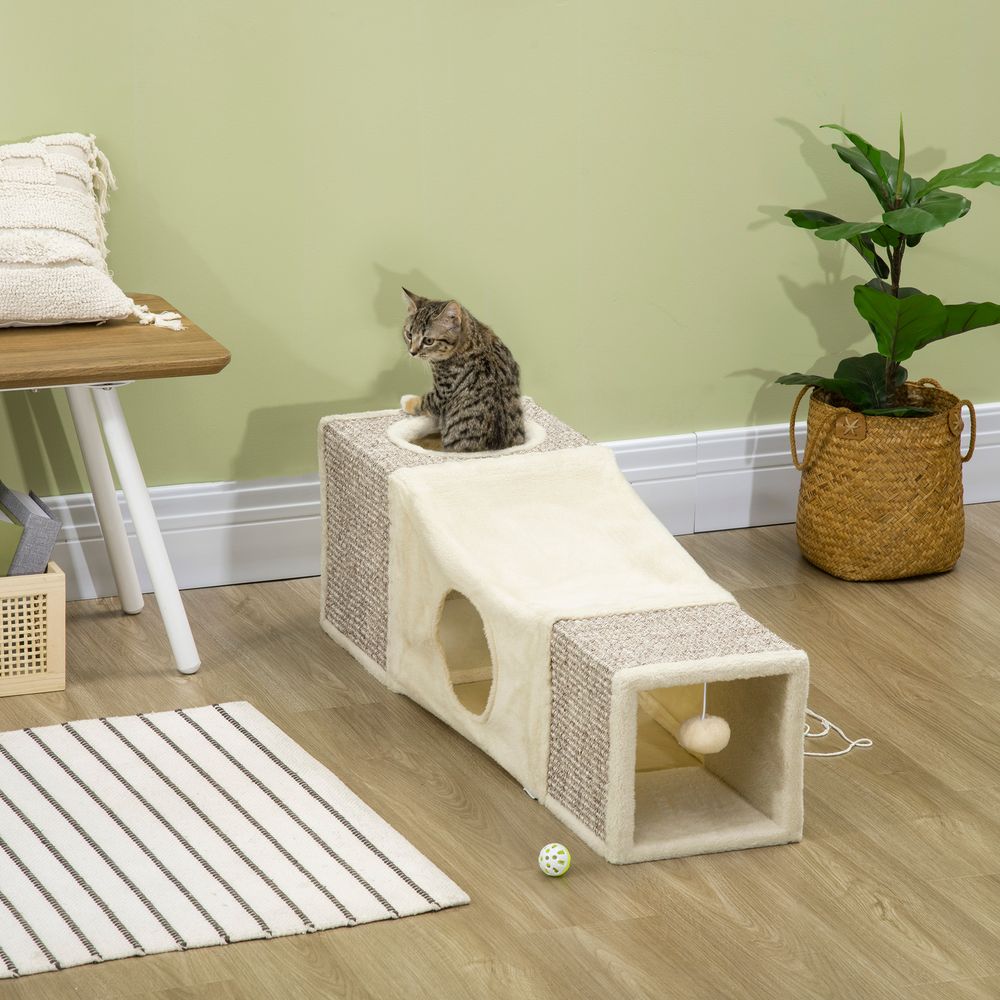 Tunnel chat griffoir sisal peluche jeu repos modulable balle suspendue 98cm brun - comfortxl pet living