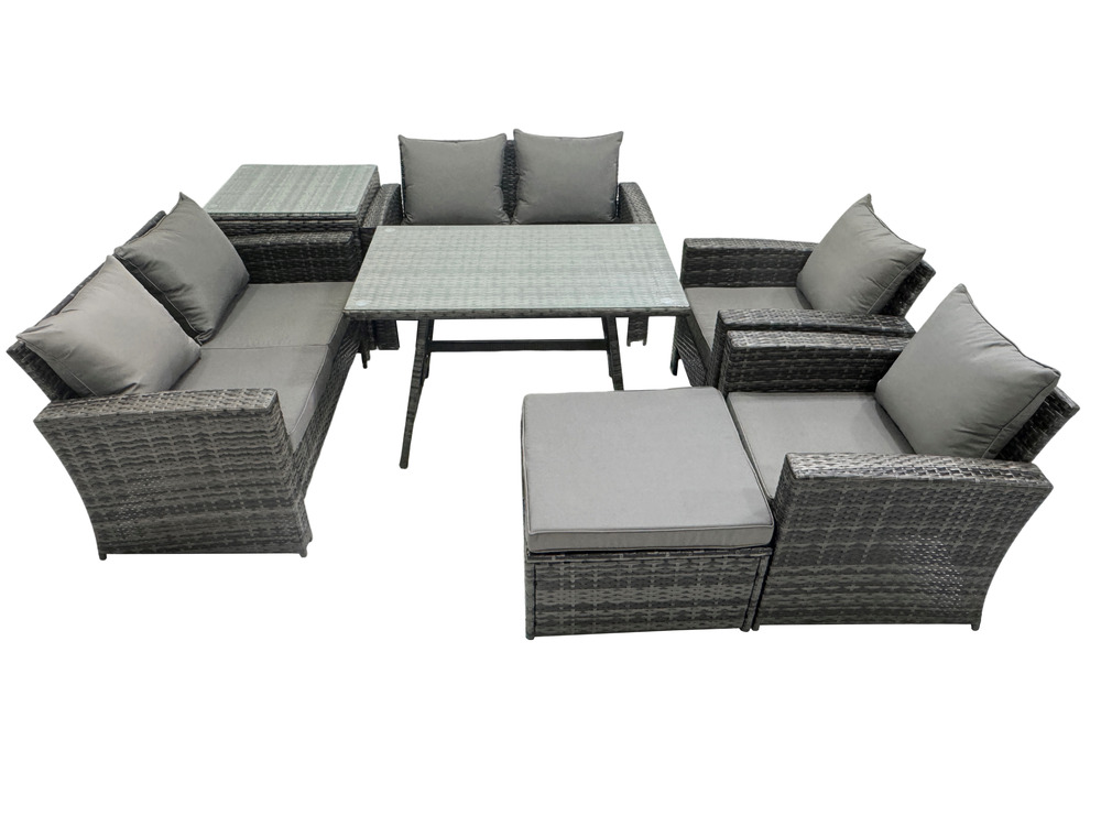 Salon de jardin 7 places avec table à manger rectangulaire canapé à deux places table d'appoint grand tabouret gris foncé mixte