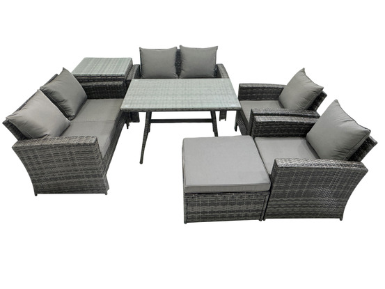 Salon de jardin 7 places avec table à manger rectangulaire canapé à deux places table d'appoint grand tabouret gris foncé mixte