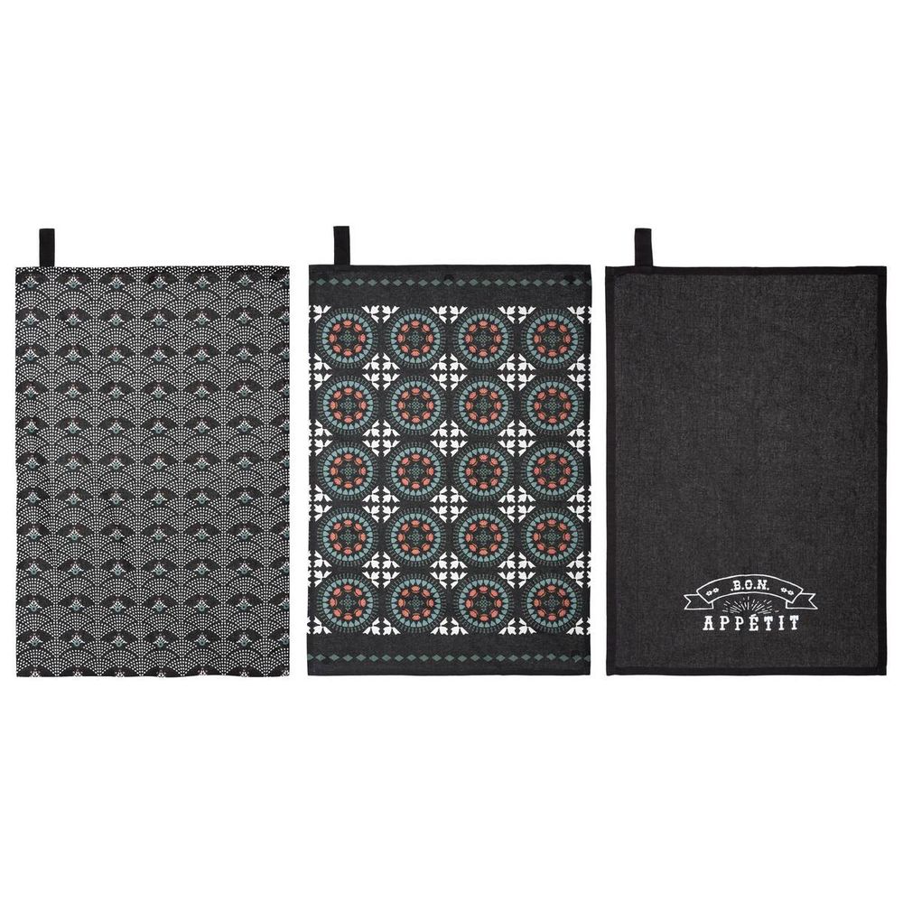 Lot de 3 torchons imprimés house - coton - gris - 45x70 cm