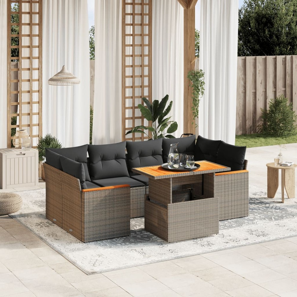 Salon de jardin avec coussins 7 pcs gris résine tressée