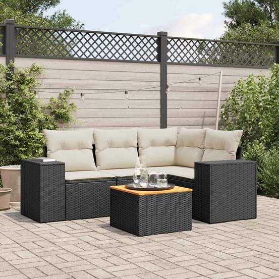 Salon de jardin 5 pcs avec coussins noir résine tressée