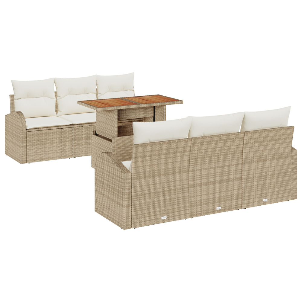 Ensemble de salle à manger de jardin de 7 pièces avec coussins beige poly rattan acacia