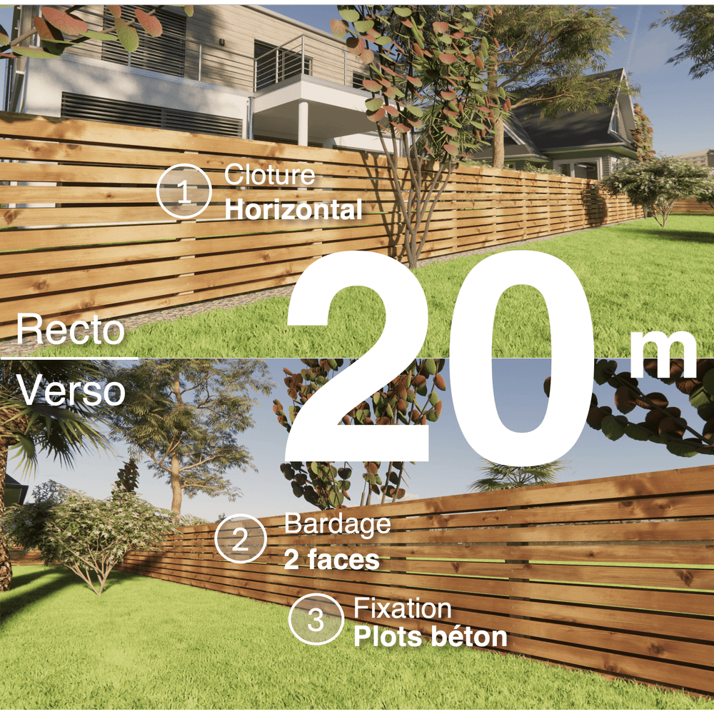 Kit clôture bois moderne 20m – h 0,9m – 20 x 70 mm autoclave marron – pose horizontal – double face – à sceller