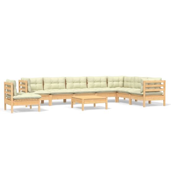Salon de jardin 9 pcs avec coussins crème bois de pin massif