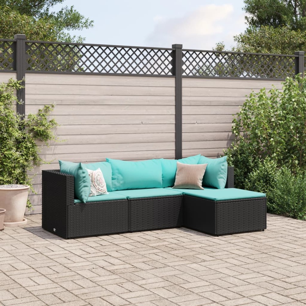 Salon de jardin 4 pcs avec coussins noir résine tressée