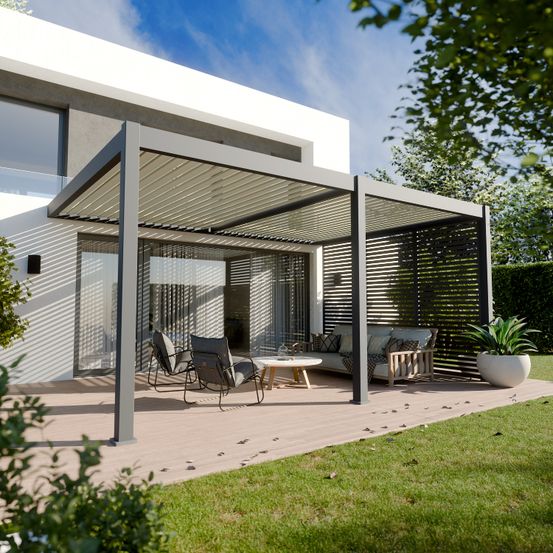 Pergola bioclimatique aluminium adossée 19m² - 3,6x5,3 - panneaux vénitiens - anthracite - 34 lames en aluminium a 120 degrés