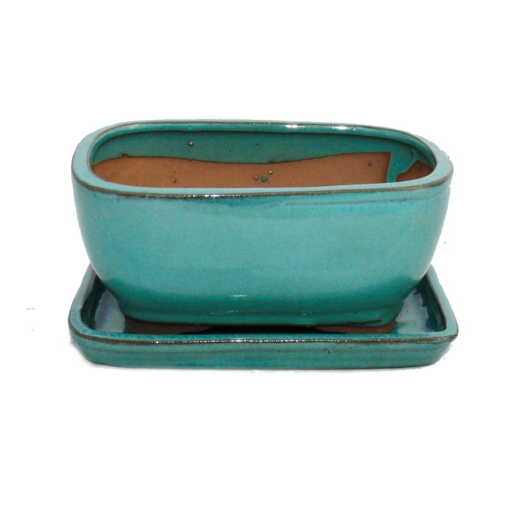 Bol bonsaï avec soucoupe taille 2 - turquoise - ovale - modèle g92 - l 15,5cm - b 12,5cm - h 7cm