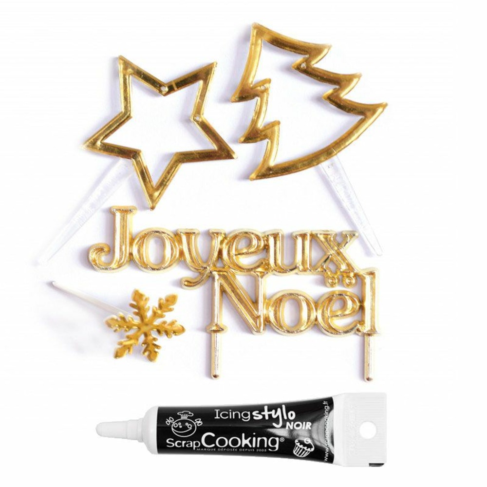 4 accessoires de noël dorés + stylo de glaçage noir