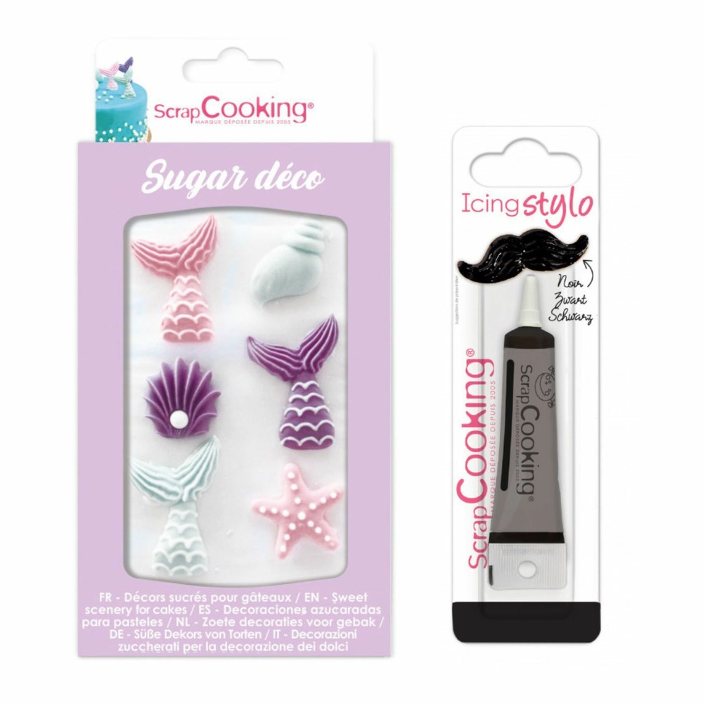 6 décors sucrés sirène + stylo de glaçage noir