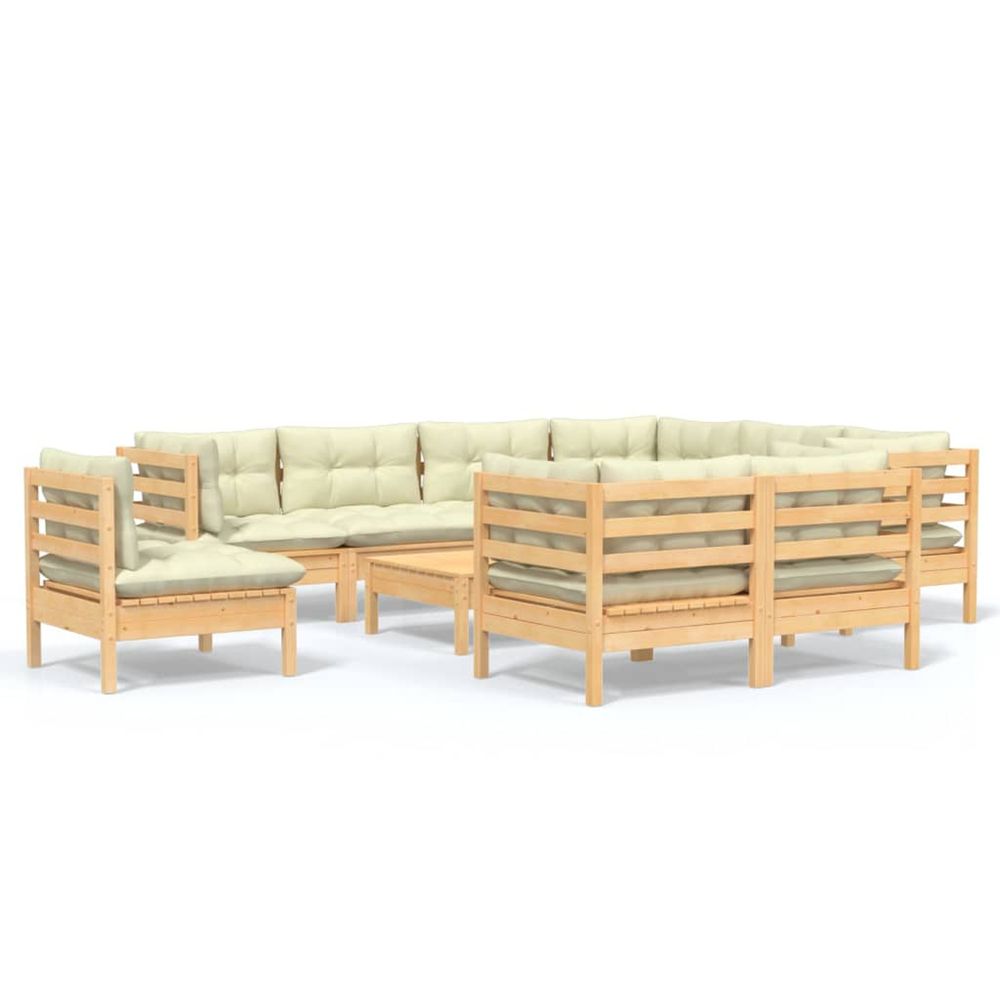 Salon de jardin 10 pcs avec coussins crème bois de pin massif