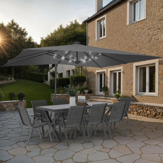 Parasol déporté inclinable rotatif 360 calvi led gris 3x4 m avec housse
