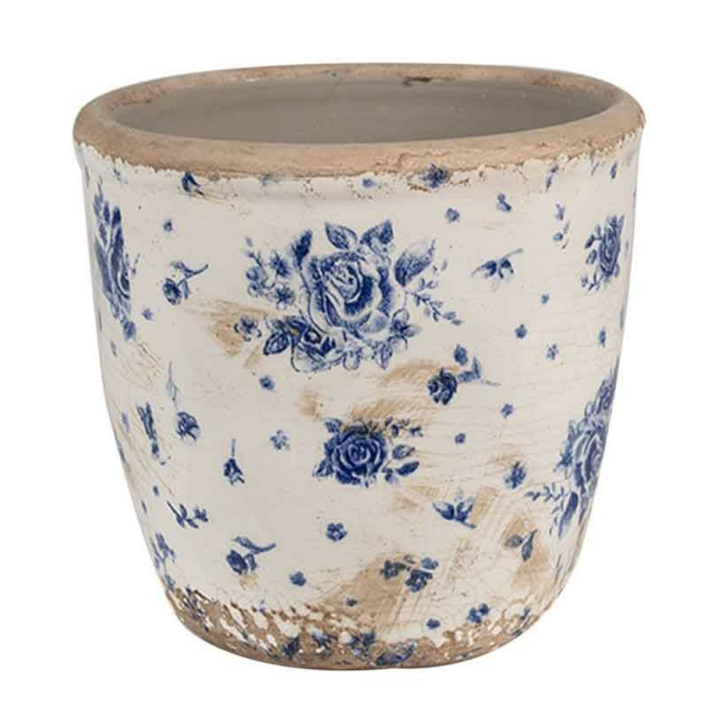 Pot céramique motif floral beige bleu 12x13x13cm