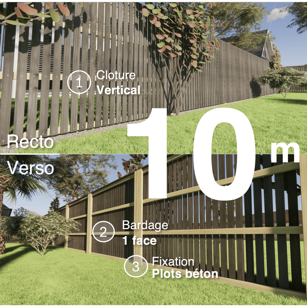 Kit clôture bois moderne 10m – h 1,9m – 20 x 70 mm noir par trempage – pose vertical – simple face – à sceller