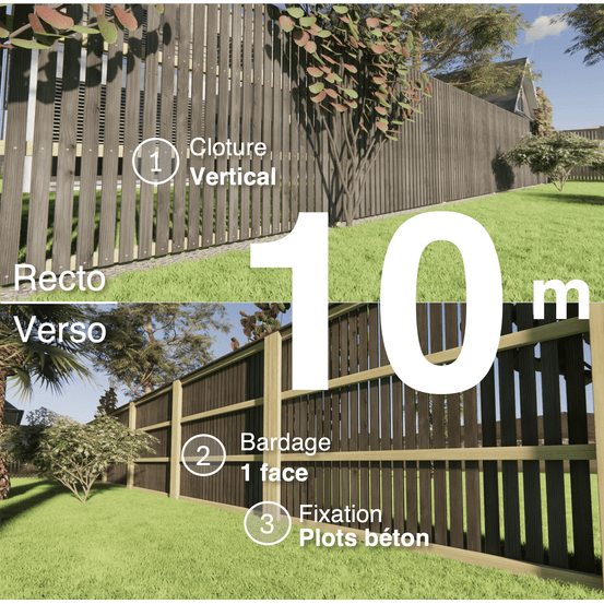 Kit clôture bois moderne 10m – h 1,9m – 20 x 70 mm noir par trempage – pose vertical – simple face – à sceller