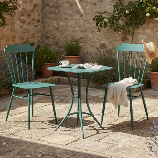 Ensemble table et 2 chaises fer vert 60x60x71cm