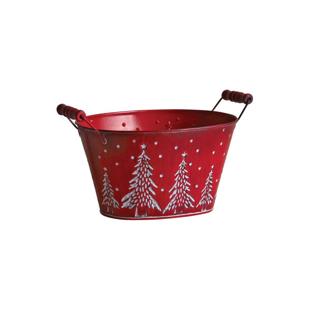 Corbeille en métal sapins de noël 23 cm rouge