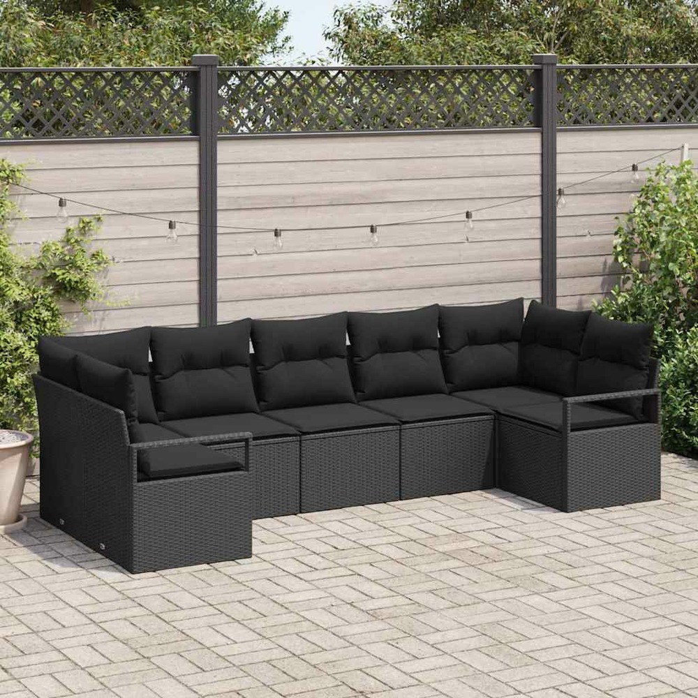 Ensemble de canapés avec coussin 7 pcs noir polyrotin