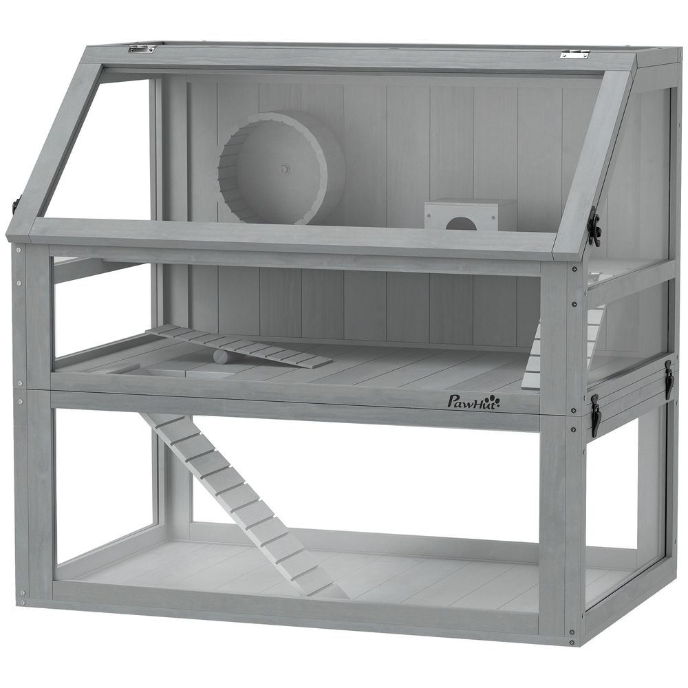 Cage hamster rongeur 3 niveaux bois acrylique 80 x 50 x 76 cm gris clair base profonde