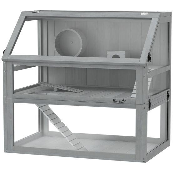 Cage hamster rongeur 3 niveaux bois acrylique 80 x 50 x 76 cm gris clair base profonde