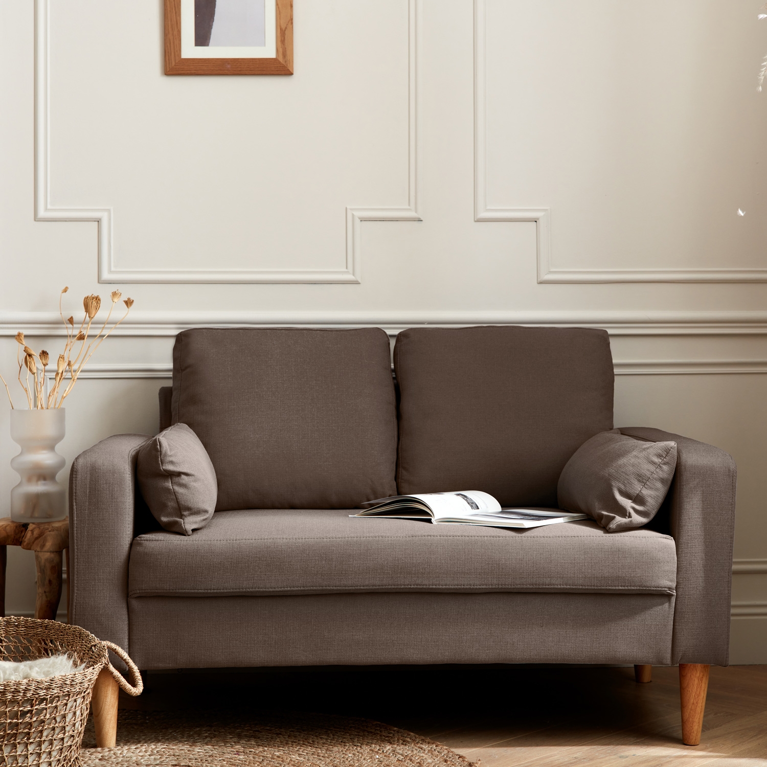 Canapé en tissu marron - bjorn - canapé 2 places fixe droit pieds bois. Style scandinave