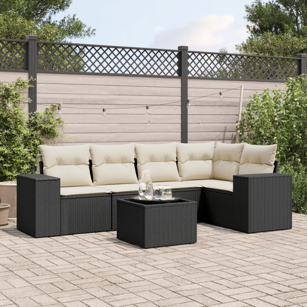 Salon de jardin 6 pcs avec coussins noir résine tressée