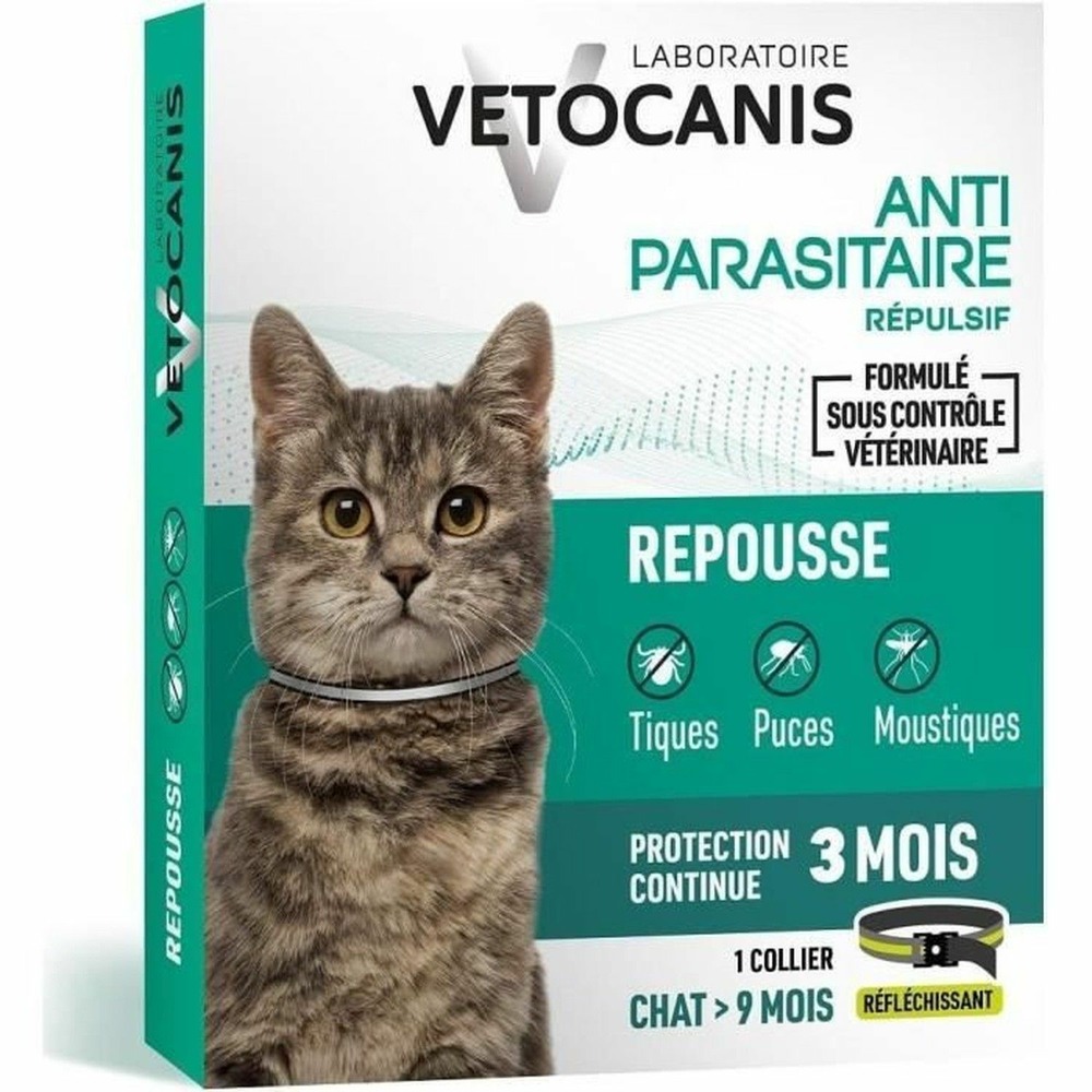 Collier répulsif anti-tiques et puces noir réfléchissant pour chat