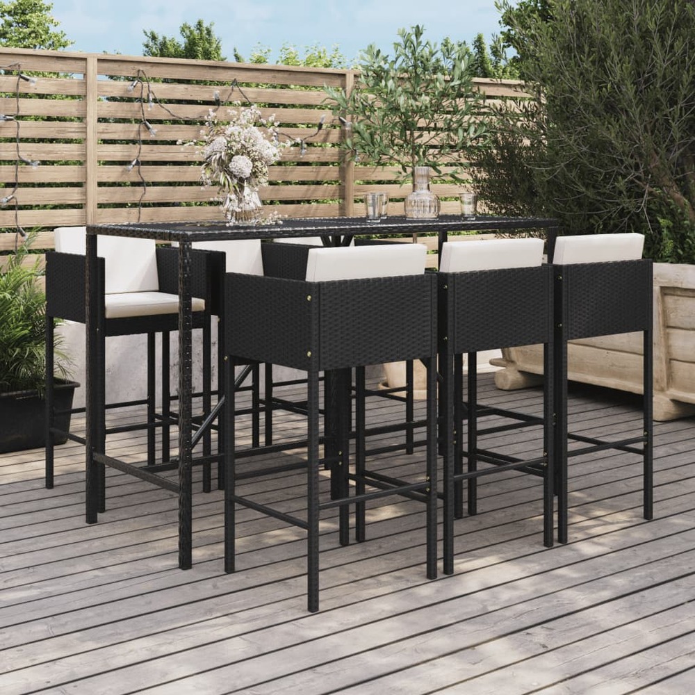 Ensemble de bar de jardin 7 pcs avec coussins noir poly rotin