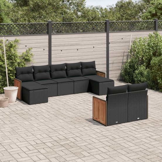 Salon de jardin 9 pcs avec coussins noir résine tressée