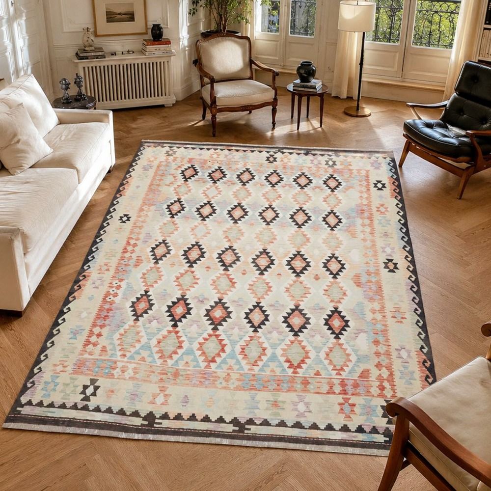 Tapis kilim 255 x 304 cm, multicolore, crème, orange, en laine, kilim 61