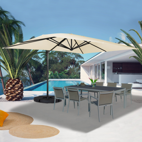 Parasol déporté inclinable rotatif 360 calvi écru 3x4 m avec 4 dalles et housse