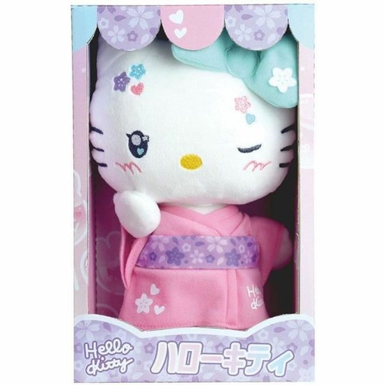 Peluche 22 cm version kawai avec kimono rose et tongs hello kitty