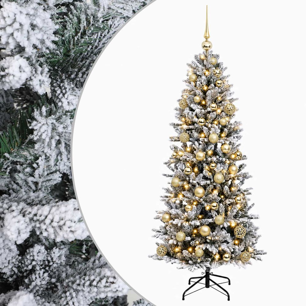 Sapin de noël artificiel avec boules 150 cm 150 led blanc chaud