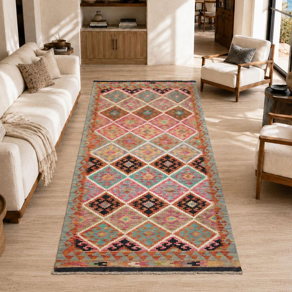 Tapis kilim 103 x 202 cm, multicolore, bleu et rose, en laine naturelle, kilim 89