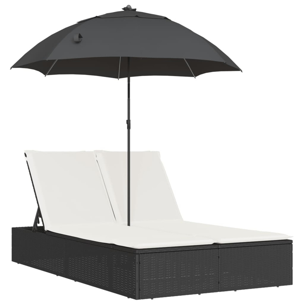 Chaise longue double et coussins et parasol noir résine tressée bain de soleil