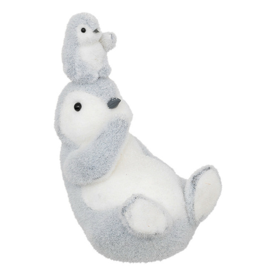 Déco de noël bébé pingouin sur sa maman gris et blanc l 18 x h 28 cm