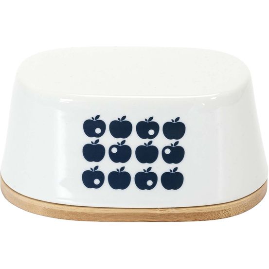 Beurrier en porcelaine plateau en bambou rétro blanc et bleu