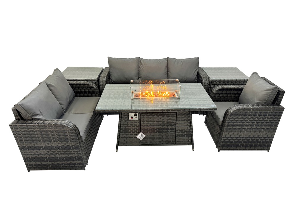 Ensemble salon de jardin extérieur en polyrotin table de foyer à gaz et canapé fauteuil avec 2 tables d'appoint