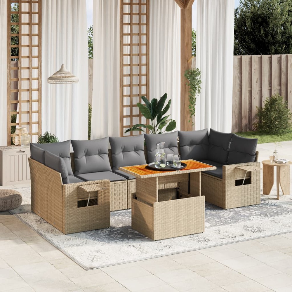 Salon de jardin avec coussins 8 pcs beige résine tressée