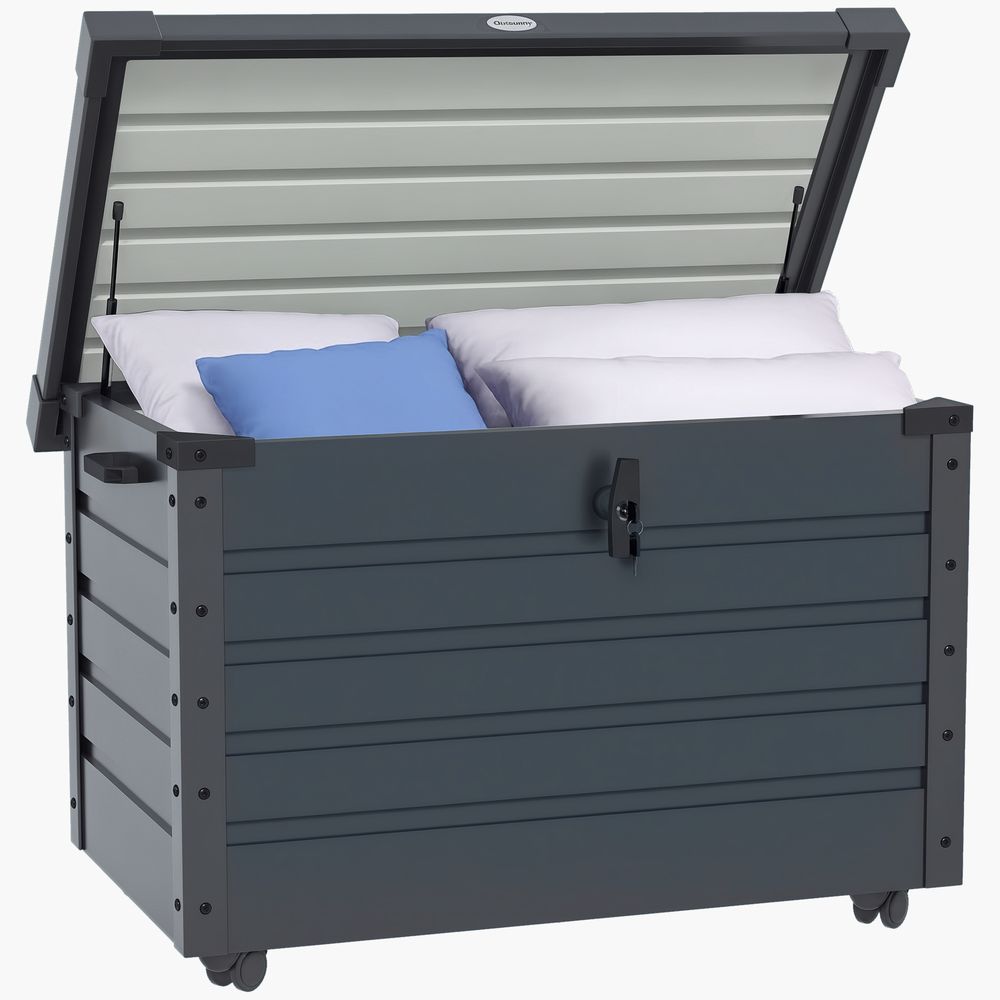 Coffre de rangement 295l en acier galvanisé pour jardin avec vérin et roulettes gris - comfortxl outdoor living