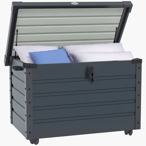 Coffre de rangement 295l en acier galvanisé pour jardin avec vérin et roulettes gris - comfortxl outdoor living