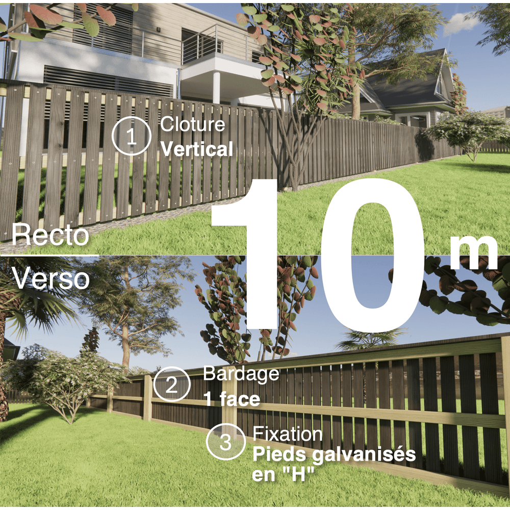 Kit clôture bois moderne 10m – h 0,9m – 20 x 70 mm noir par trempage – pose vertical – simple face – support galva