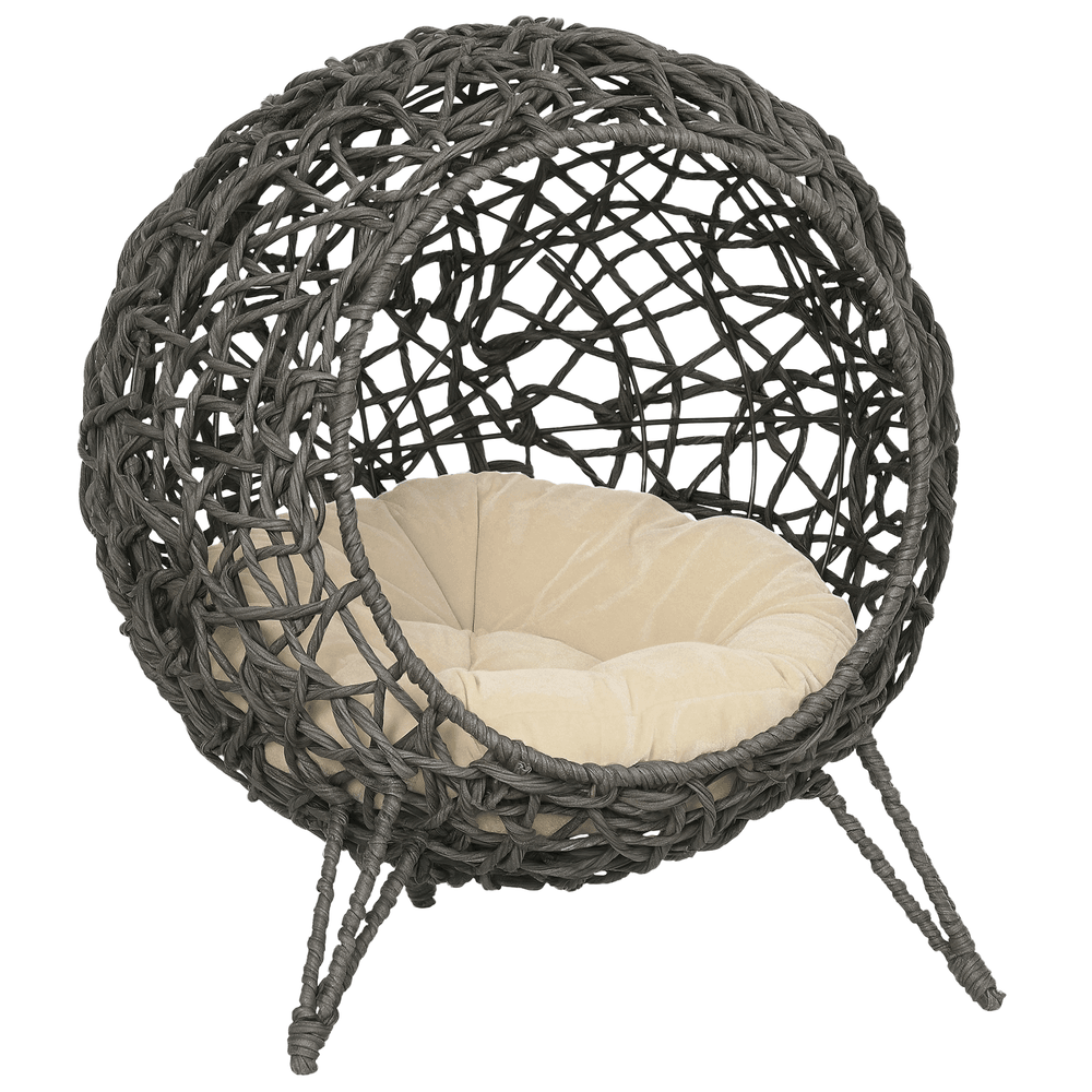 Panier lit chat résine tressée intérieur grotte surélevée coussin gris 52x52x58cm