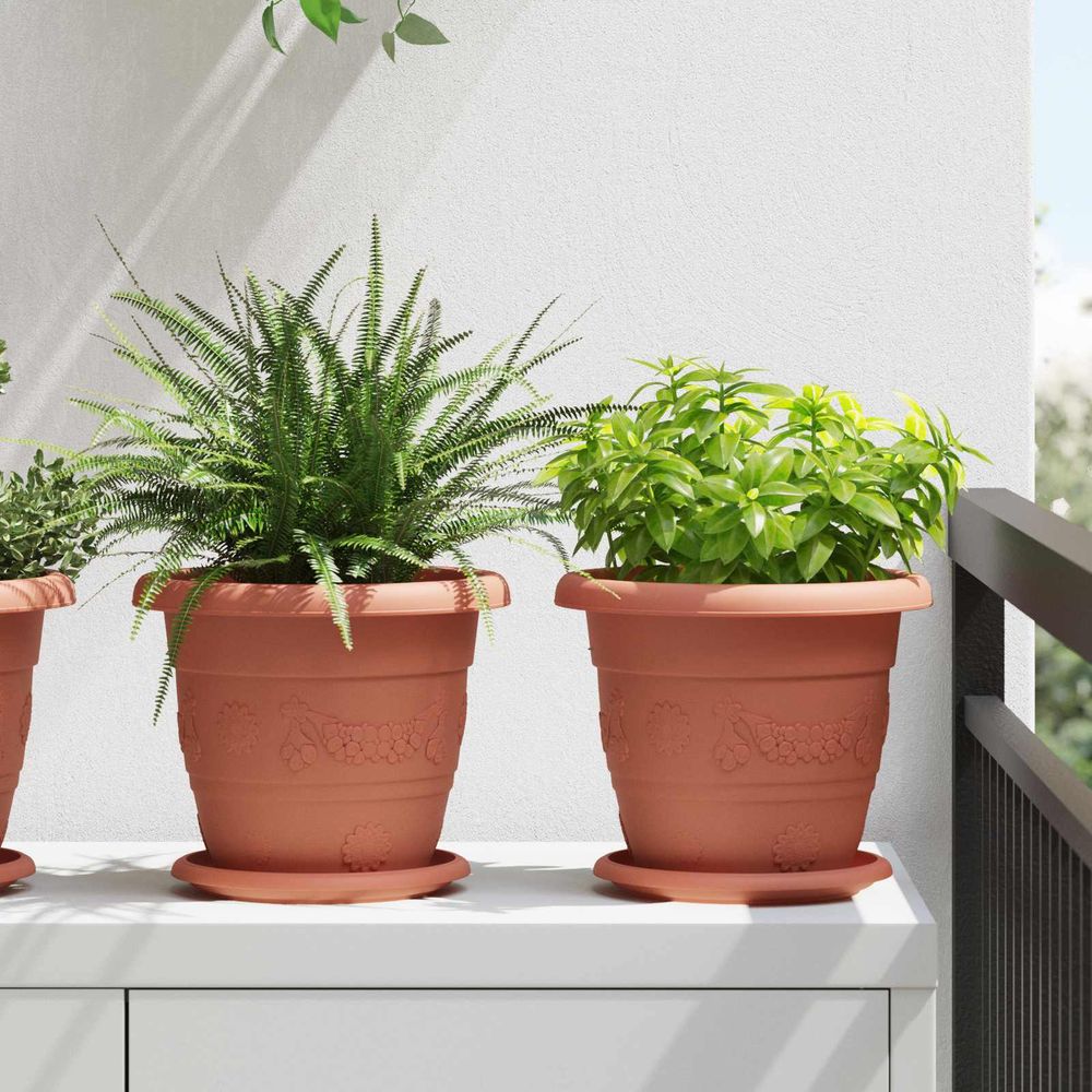 Lot 24 pots de fleurs ronds plastique intérieur extérieur drainage ø 22 cm rouge brique