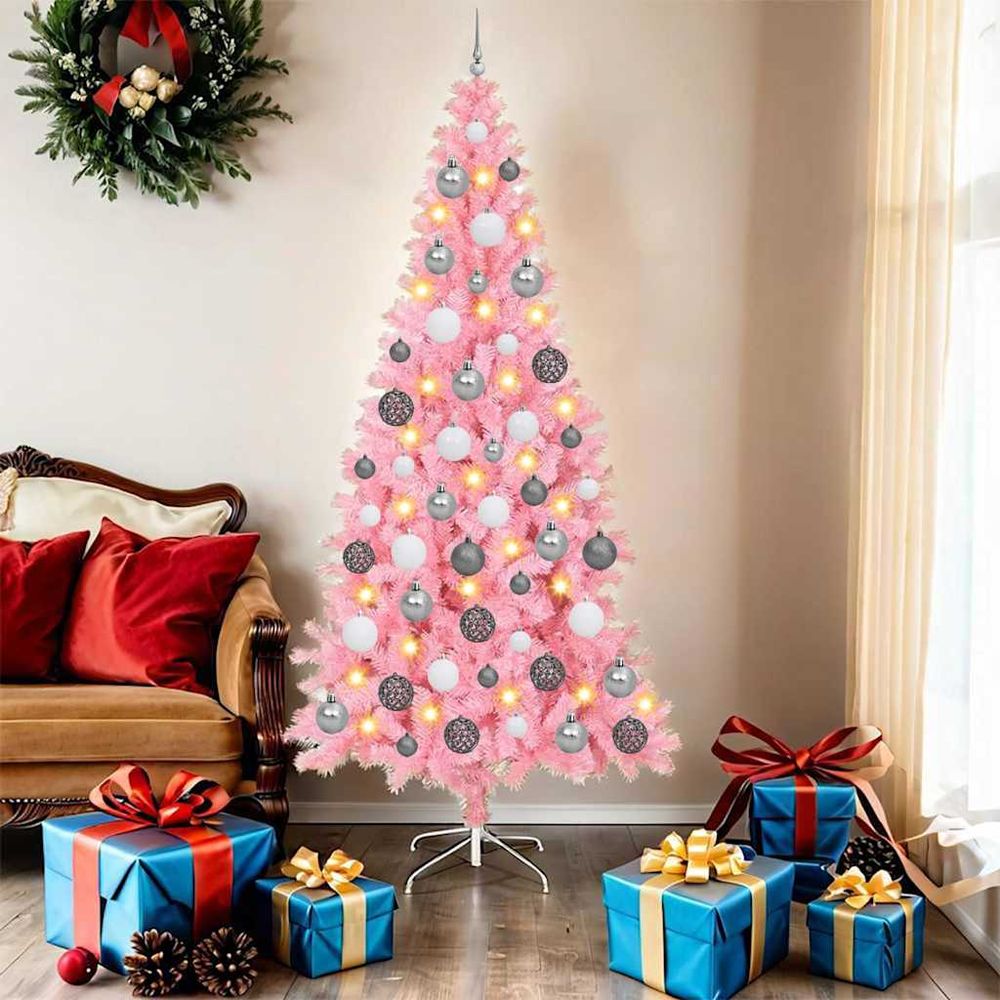 Arbre de noël design original rose 180 cm, décoration complète avec lumières et boules