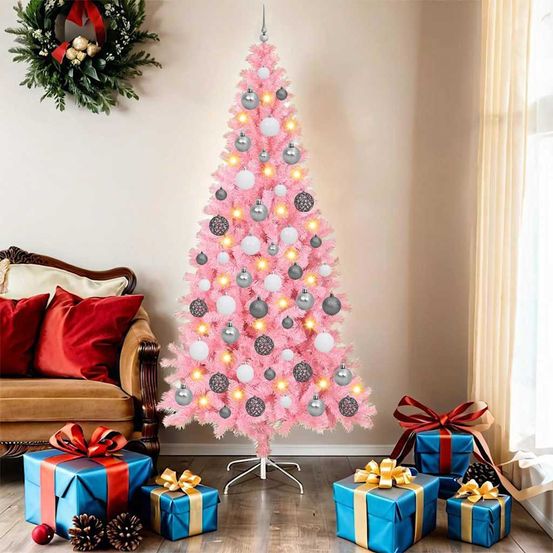 Arbre de noël design original rose 180 cm, décoration complète avec lumières et boules