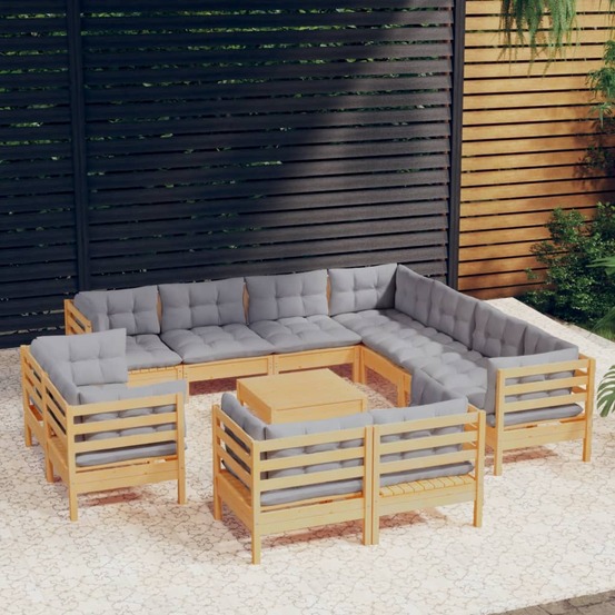 Salon de jardin 12 pcs avec coussins gris bois de pin massif